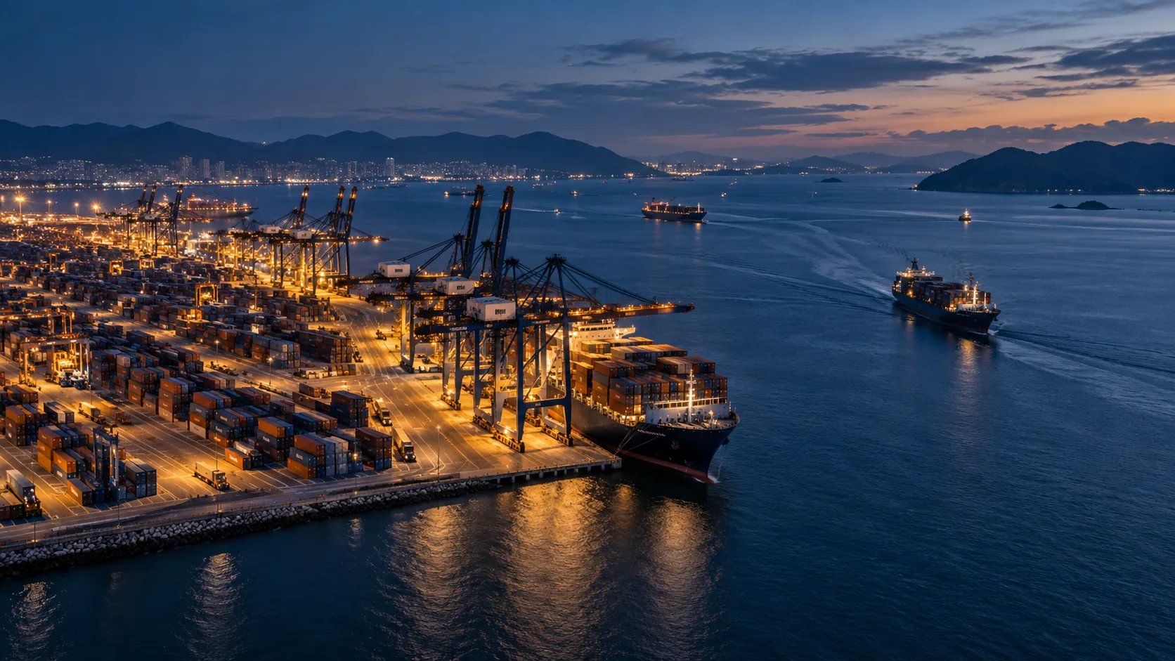 A container terminal illuminated at dusk.